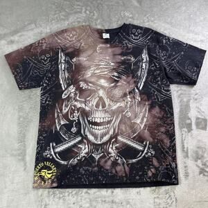 Y2K Skull Pirate All Over Print Yazbek T Shirt XL Puerto Vallarta Mexico Grunge
